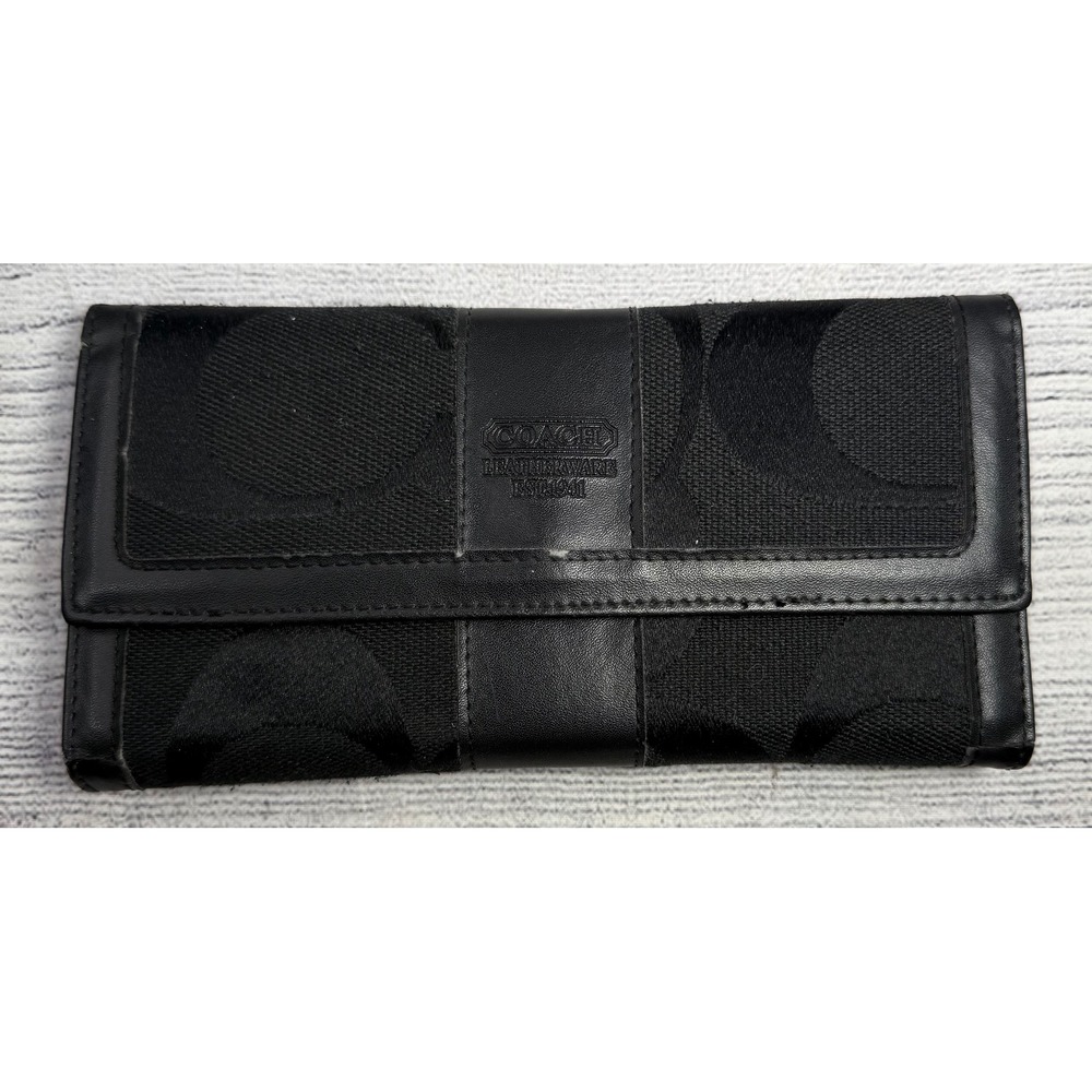 Coach Signature Jacquard Black Leather Tri-Fold Long‎ Wallet Monogram Logo
